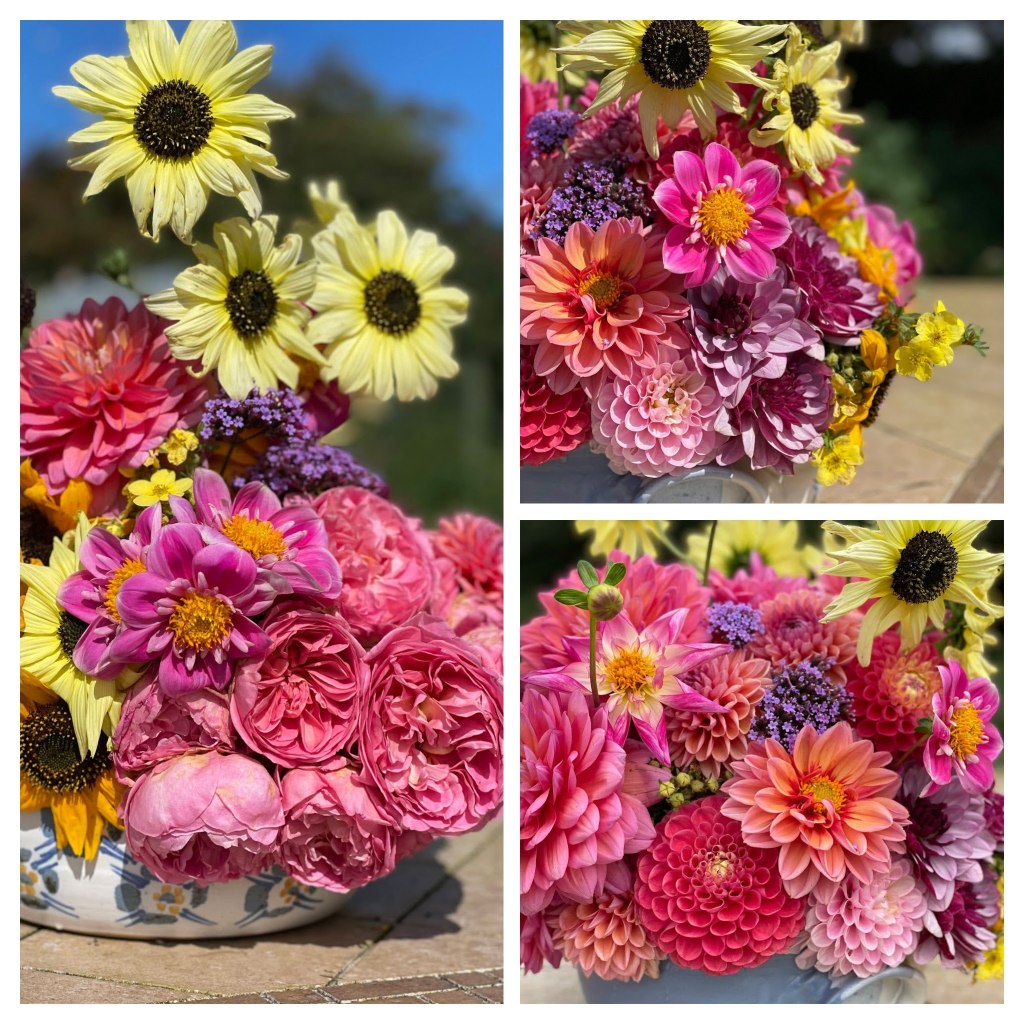 collage of roses, dahlias, and sunflowers in a flower arrangement