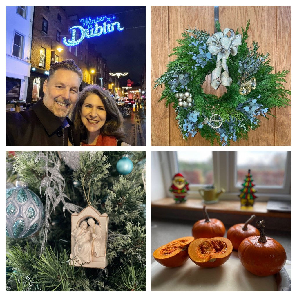Collage including a pic of Dana & Páraic in Dublin, a Christmas wreath, pumpkins from the garden and a Nativity ornament