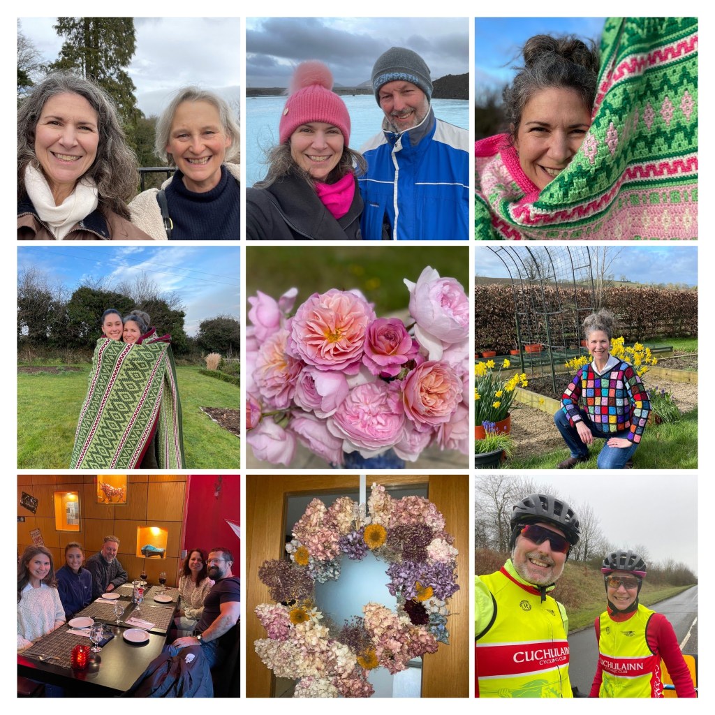 collage from 2023: Gardening pal Susan, Traveling with husband Páraic, two crochet blankets, roses from the garden, crochet sweater, meeting with family, a dried floral wreath and biking with my husband.