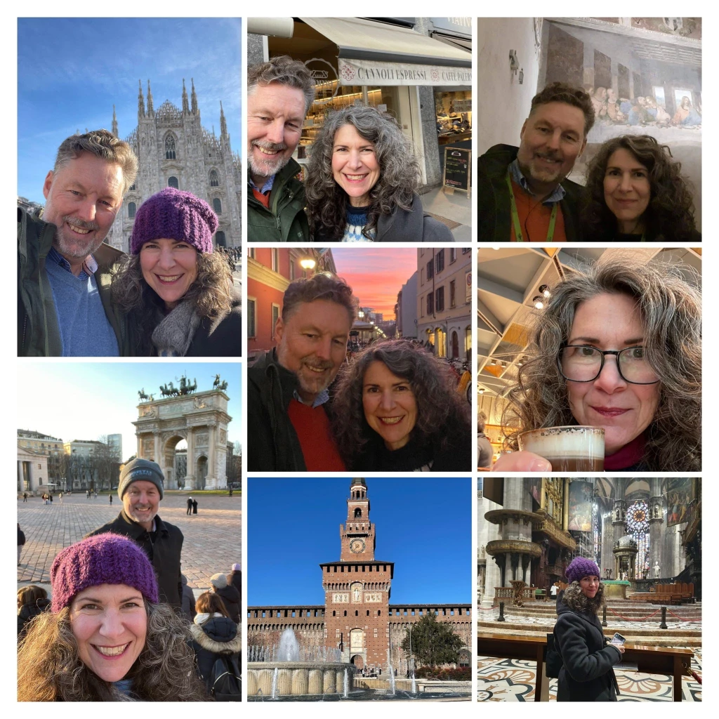 Collage of pics from Milan: Duomo, Cannoli shop, The Last Supper mural, Sunset near the university, Sforza Castle, and inside the church at the Last Supper.