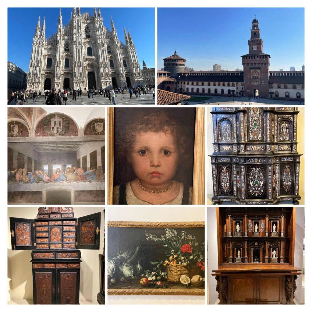 Collage of sights in Milan: Duomo, Sforza Castle, The Last Supper mural, furniture from the Castle, a painting of a child's face and still life of flowers